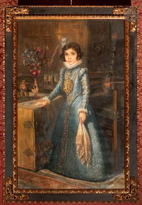 tableau représentant une femme en robe bleue debout devant une table
