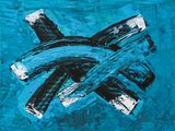 an abstract painting of a blue and black cross on a blue background
