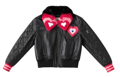 a black leather jacket with hearts on the collar and cuffs