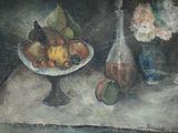 a painting of a bowl of fruit and a bottle of wine on a table