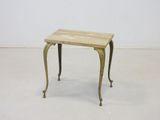 an image of a small table with a wooden top on a white floor