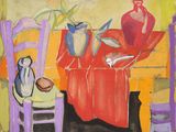 une peinture représentant une table sur laquelle se trouvent un vase et une assiette