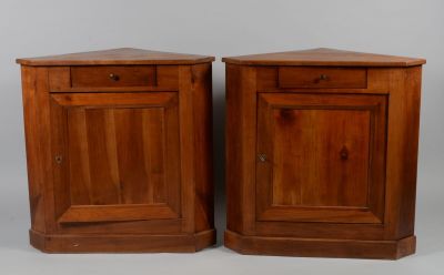 pair of antique wooden corner cupboards with drawers on each side