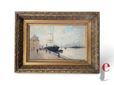 une peinture représentant un bateau sur un plan d'eau, à côté d'un bâtiment