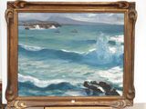 a painting of a painting of a boat in the ocean