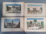 three old books with pictures of buildings on them on a blue surface