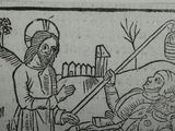 an old drawing of a man holding a stick in front of a woman in a bed
