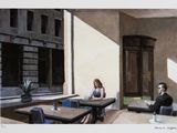 une peinture représentant un homme et une femme assis à une table