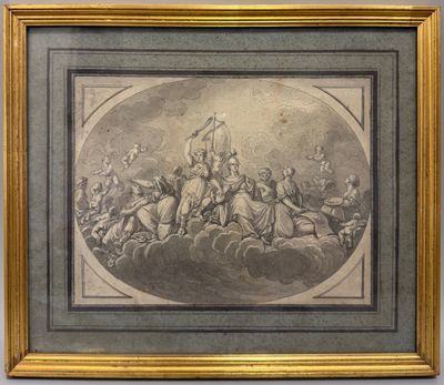 un tableau représentant un groupe de personnes à cheval dans le ciel