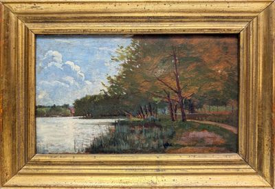 an oil painting of a river scene with trees and water