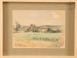 an image of a painting of a field with trees in the distance