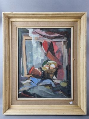 a painting of a basket of fruit on a table