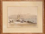 tableau représentant un voilier sur une plage, avec des personnes sur le rivage