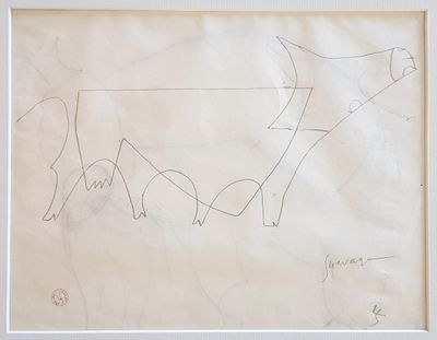 drawing of a cow and calf in a white frame on a wall