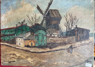 a painting of a windmill on display in a museum