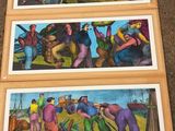 three paintings of people working in a field with a horse