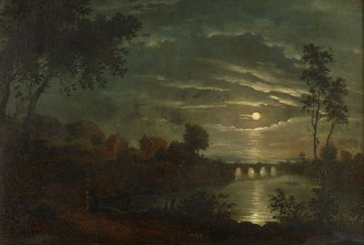 une image représentant un tableau d'une rivière la nuit, avec la pleine lune dans le ciel