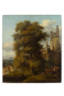 peinture représentant un paysage avec un château et du bétail au premier plan