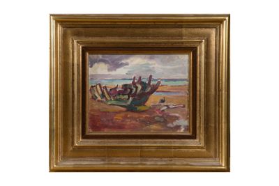 une image d'un tableau représentant un bateau sur une plage