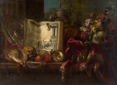 tableau représentant une nature morte avec des fleurs et un livre posés sur une table