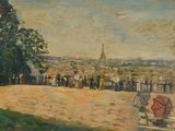 un tableau représentant un groupe de personnes debout dans un parc