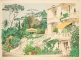 a picture of a painting of a house in a garden