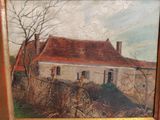 an oil painting of a house in a field with a fence