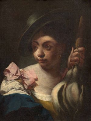 un vieux tableau représentant une femme tenant une fleur à la main