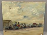 une peinture à l'huile représentant une scène de plage avec des personnes assises sur le sable