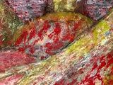 a painting of a teddy bear sitting on top of a pile of fruit