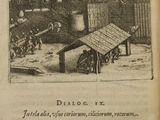 an old book with a picture of people in a village