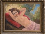tableau représentant une femme allongée sur un coussin rouge, dans un cadre doré