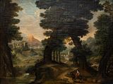 painting of a wooded landscape with a man on a horse and a man on a horse