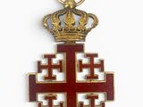 une image représentant une croix dorée et rouge surmontée d'une couronne