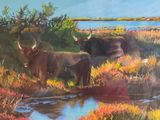 painting of a herd of cattle standing next to a body of water