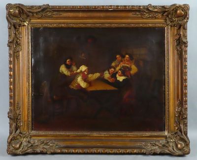 un tableau représentant un groupe de personnes jouant aux cartes dans une pièce