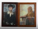 two paintings of a woman in a hat and a man in a suit