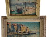 two paintings of boats in a harbor and a boat in the water