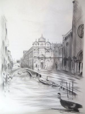 dessin représentant un canal avec des gondoles et une tour horloge en arrière-plan