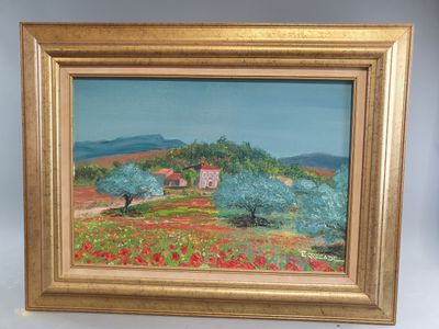 an oil painting of a field of poppies with a house in the distance