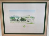 framed watercolor painting of a landscape with trees in the foreground