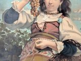 a painting of a young girl holding a bunch of grapes