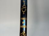 an image of a blue and gold sword on a stand