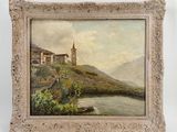 painting of a landscape with a church on a hill and a river