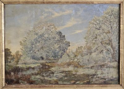 an oil painting of a landscape with trees in the background
