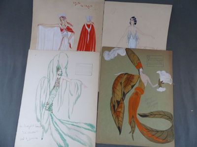 trois dessins représentant une femme en robe rouge et un homme en cape rouge