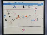 framed artwork of a child ' s drawing of a beach scene