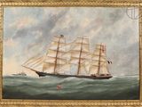 an oil painting of a tall ship in the ocean with a flag on it