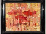 an oil painting of two red fish in a black frame