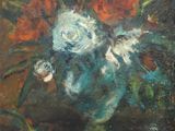 an oil painting of a vase of flowers on a table
